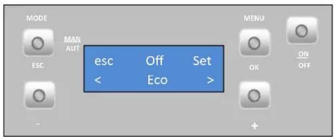 MODE MAN AUT ESC esc < Off Eco Set > MENU OK ON OFF +