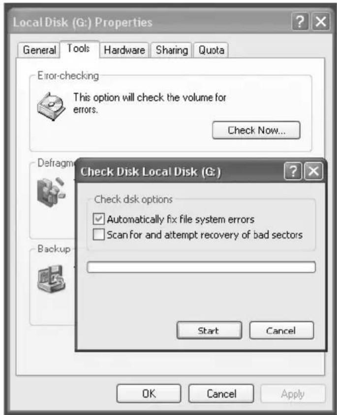 Local Disk (G:) Properties General Tools Hardware Sharing Quota Error-checking This option will check the volume for errors. Check Now... Defragm Backup Check Disk Local Disk (G:) Check disk options ✓ Automatically fix file system errors □ Scan for and attempt recovery of bad sectors Start Cancel OK Cancel Apply