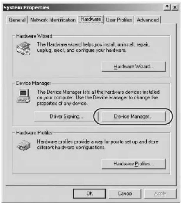 System Properties General | Network Identification | Hardware | User Profiles | Advanced | Hardware Wizard The Hardware wizard helps you install, uninstall, repair, unplug, eject, and configure your hardwara. Hardware Wizard... Device Manager The Device Manager lets all the hardware devices installed on your computer. Use the Device Manager to change the properties of any device. Driver Signing... Device Manager... Hardware Profiles Hardware profiles provide a way for you to set up and store different hardware configurations. Hardware Profiles... OK Cancel Apply