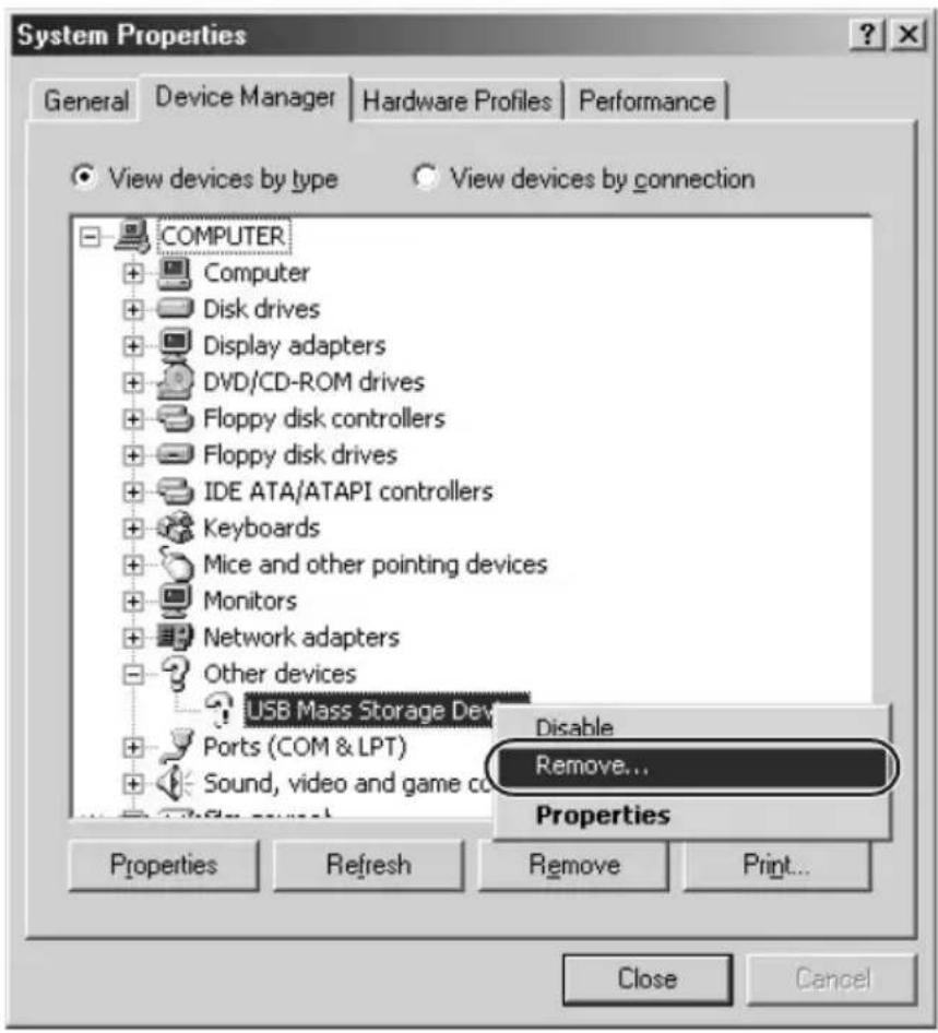 System Properties General Device Manager Hardware Profiles Performance View devices by type View devices by connection COMPUTER Computer Disk drives Display adapters DVD/CD-ROM drives Floppy disk controllers Floppy disk drives IDE ATA/ATAPI controllers Keyboards Mice and other pointing devices Monitors Network adapters Other devices USB Mass Storage Dev Ports (COM & LPT) Sound, video and game co Disable Remove... Properties Properties Refresh Remove Print... Close Cancel