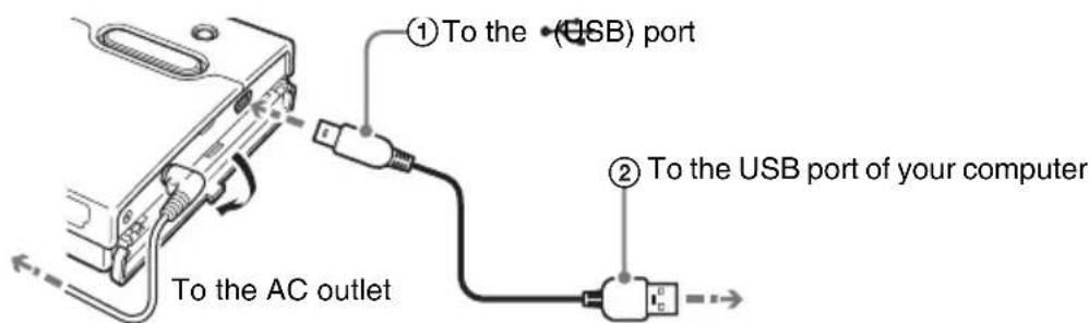 ① To the (USB) port ② To the USB port of your computer To the AC outlet