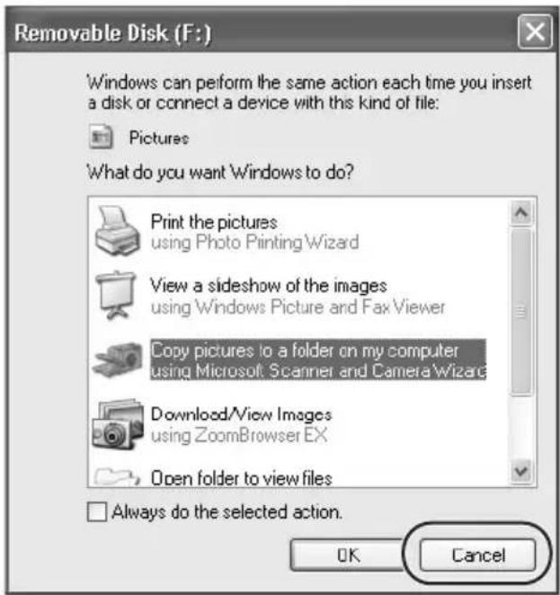 Removable Disk (F:) Windows can perform the same action each time you insert a disk or connect a device with this kind of file: Pictures What do you want Windows to do? Print the pictures using Photo Printing Wizard View a slideshow of the images using Windows Picture and Fax Viewer Copy pictures to a folder on my computer using Microsoft Scanner and Camera Wizard Download/View Images using ZoomBrowser EX Open folder to view files Always do the selected action. OK Cancel