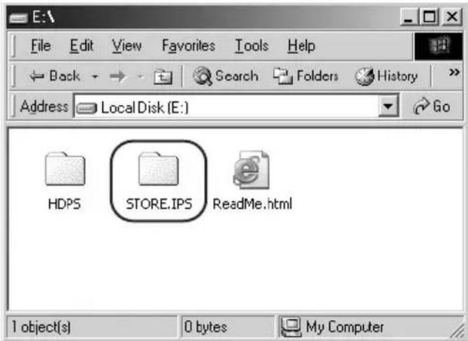 E:\ File Edit View Favorites Tools Help Back Search Folders History Address LocalDisk (E:) Go HDPS STORE.IPS ReadMe.html 1 object(s) 0 bytes My Computer
