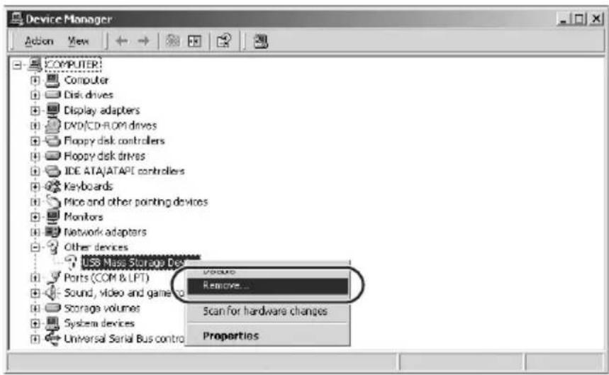 Device Manager Action View COMPUTER Computer Disk drives Display adapters DVD/CD-FLOM drives Floppy disk controllers Floppy disk drives IDE ATA/ATAPI controllers Keyboards Mice and other pointing devices Monitors Network adapters Other devices USB Mass Storage Des Ports (COM & LPT) Sound, video and games Storage volumes System devices Universal Serial Bus control Volume Remove... Scan for hardware changes Properties