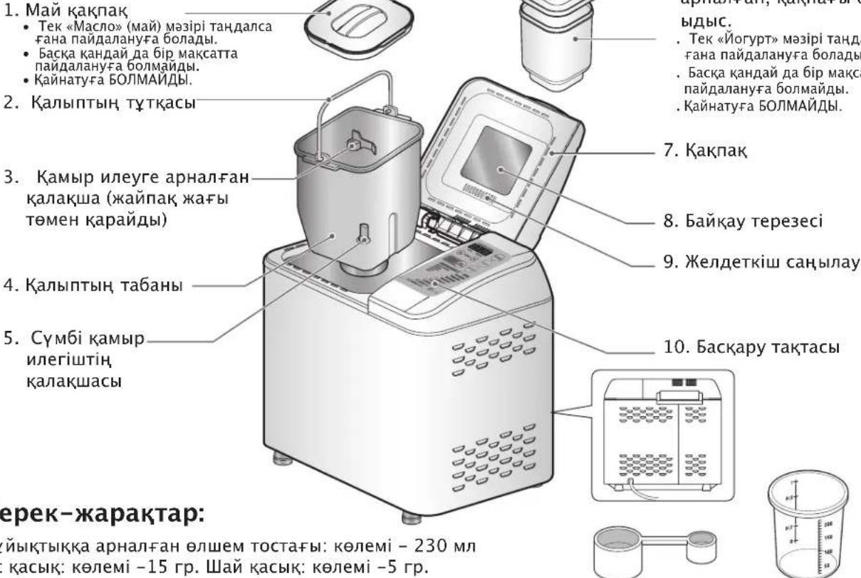 1. Май қақпак • Тек «Масло» (май) мәзірі тандалса ғана пайдалануға болады. • Басқа қандай да бір мақсatta пайдалануға болмайды. • Қайнатуға БОЛМАЙДЫ. 2. Қалыптың түтқасы 3. Қамыр илеуге арналған қалақша (жайпак жағы төмен қарайды) 4. Қалыптың табаны 5. Сүмбі қамыр илегіштің, қалақшасы 7. Қақпак 8. Байқау терезесі 9. Желдеткіш саңылау 10. Басқару тақтасы терек-жарактар: йықтыққа арналған өлшем тостағы: көлемі - 230 мл қ қасық: көлемі -15 гр. Шай қасық: көлемі -5 гр.