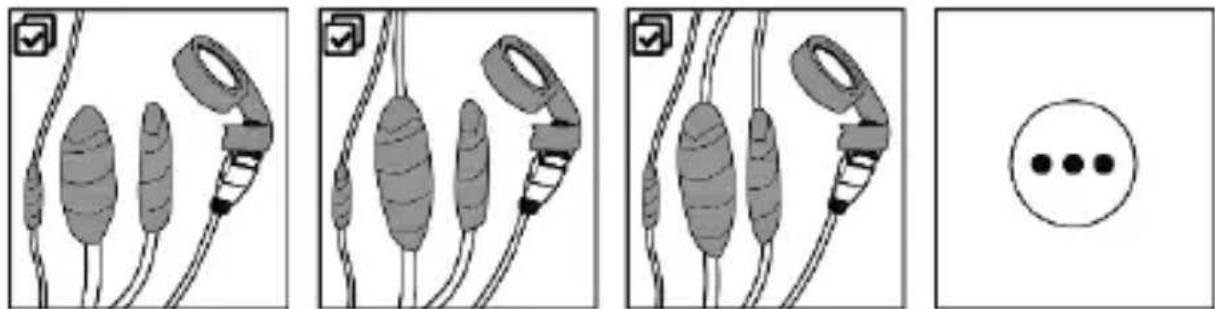 Diagram illustrating four stages of a medical procedure involving earplugs and a circle, with checkmarks indicating action points.