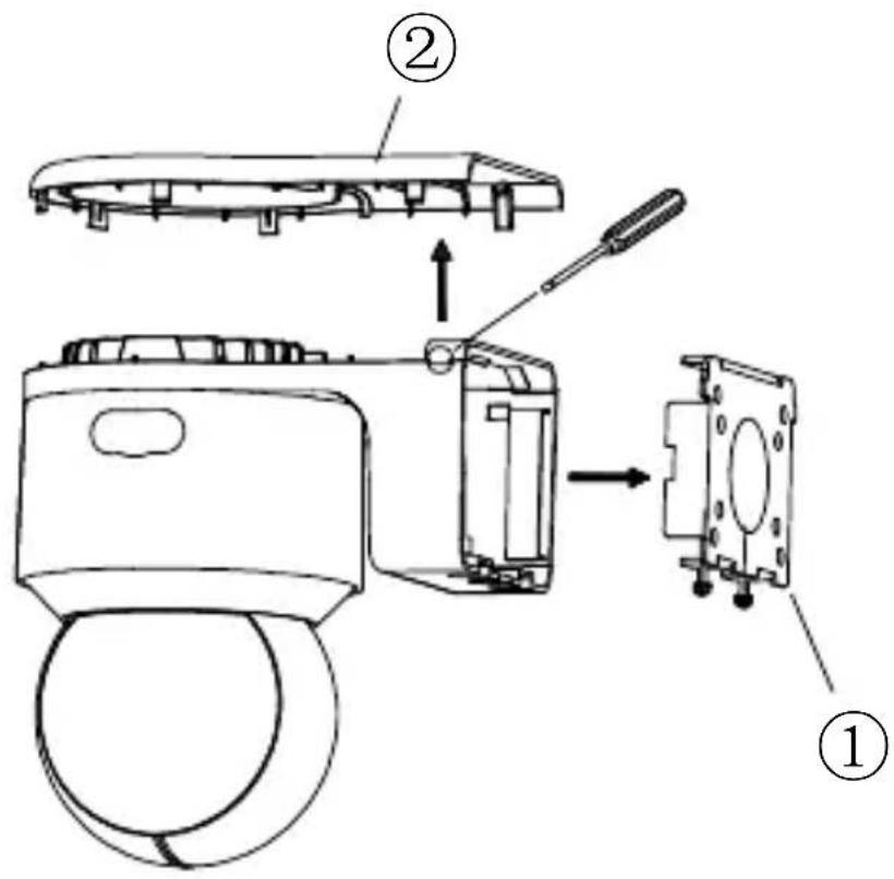 Technical diagram of a device with labeled parts, showing exploded view and assembly steps