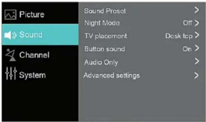 Picture Sound Channel System Sound Preset > Night Mode Off > TV placement Desk top > Button sound On > Audio Only > Advanced settings >