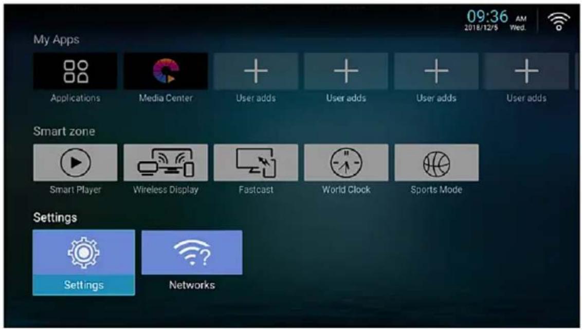 My Apps Applications Media Center User adds User adds User adds User adds Smart zone Smart Player Wireless Display Fastcast World Clock Sports Mode Settings Settings Networks