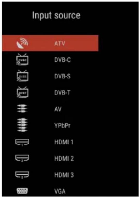Input source ATV DVB-C DVB-S DVB-T AV YPbPr HDMI 1 HDMI 2 HDMI 3 VGA