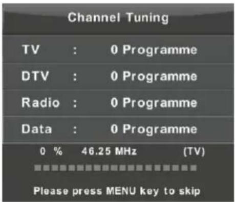 Channel Tuning TV : 0 Programme DTV : 0 Programme Radio : 0 Programme Data : 0 Programme 0 % 46.25 MHz (TV) Please press MENU key to skip