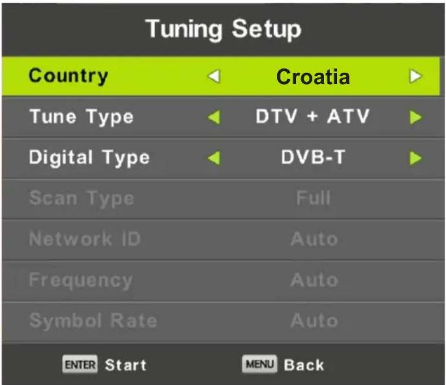 Tuning Setup Country Croatia Tune Type DTV + ATV Digital Type DVB-T Scan Type Full Network ID Auto Frequency Auto Symbol Rate Auto ENTER Start MENU Back