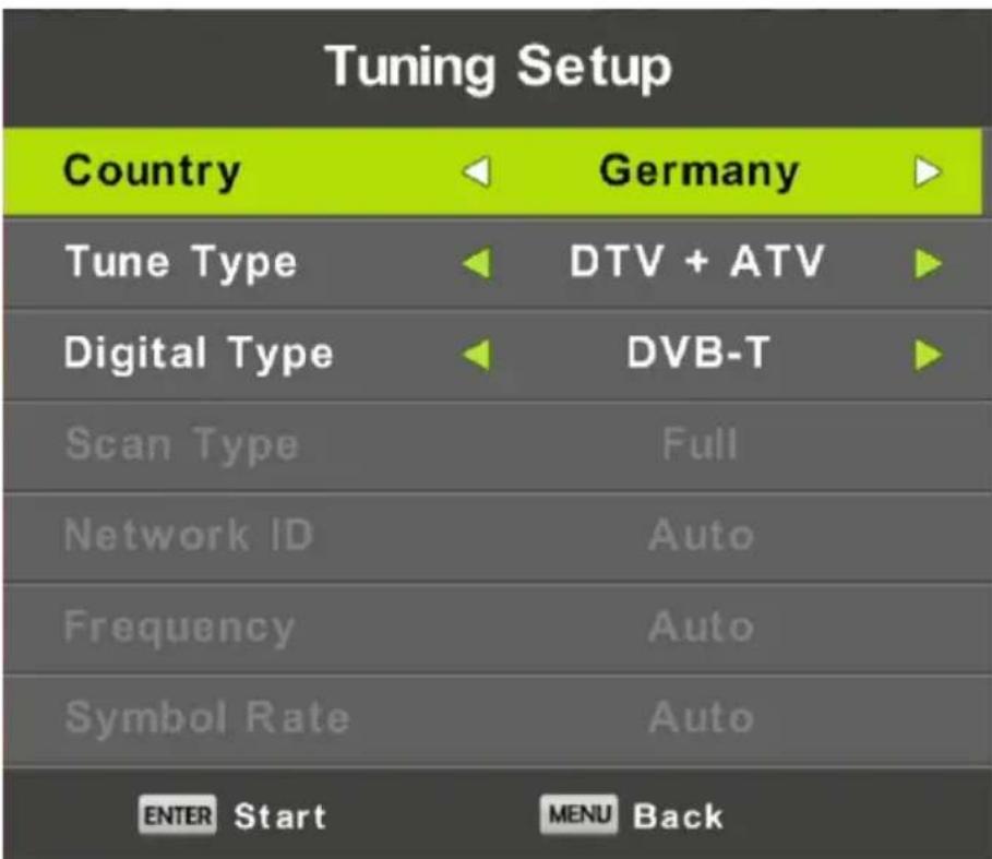 Tuning Setup Country Germany Tune Type DTV + ATV Digital Type DVB-T Scan Type Full Network ID Auto Frequency Auto Symbol Rate Auto ENTER Start MENU Back