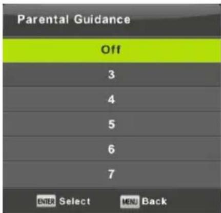 Parental Guidance Off 3 4 5 6 7 ENTER Select MENU Back
