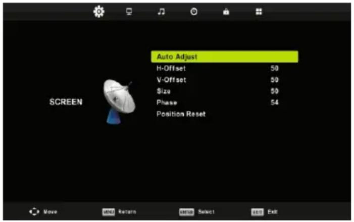 Auto Adjust H-Offset 50 V-Offset 50 Size 50 Phase 54 Position Reset SCREEN Move NONE Return ON Select Exit