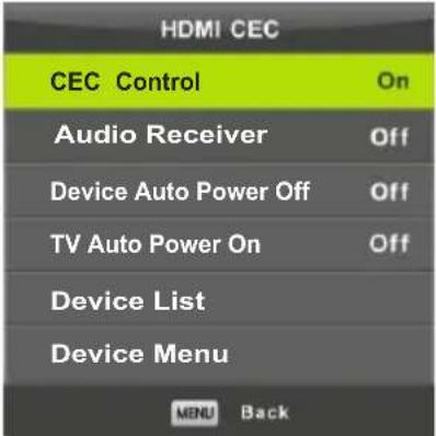 HDMI CEC CEC Control On Audio Receiver Off Device Auto Power Off Off TV Auto Power On Off Device List Device Menu MENU Back