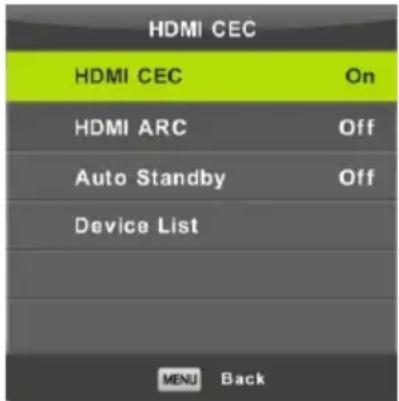 HDMI CEC HDMI CEC On HDMI ARC Off Auto Standby Off Device List MENU Back