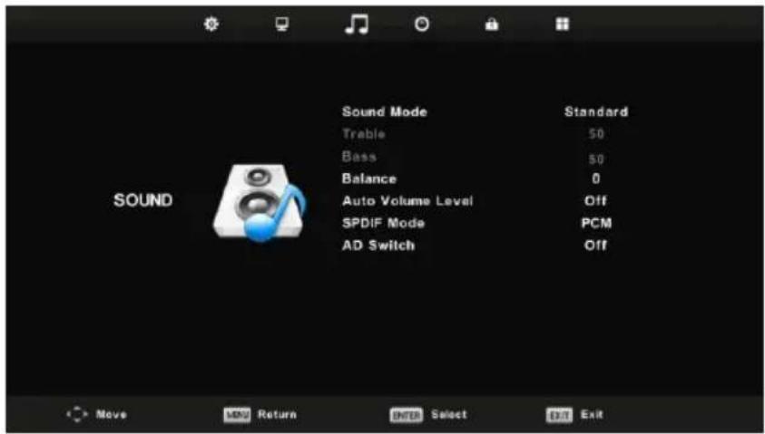 Sound Mode Trable Bass Balance Auto Volume Level SPDIF Mode AD Switch Standard 50 50 0 Off PCM Off