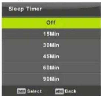 Sleep Timer Off 15Min 30Min 45Min 60Min 90Min OK Select VEN Back