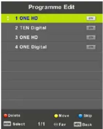 Programme Edit 1 ONE HD 2 TEN Digital 3 ONE HD 4 ONE Digital Delete Move Skip Select 1/1 Fav 10% Back