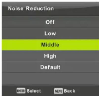 Noise Reduction Off Low Middle High Default ENTER Select MENU Back