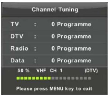 Channel Tuning TV : 0 Programme DTV : 0 Programme Radio : 0 Programme Data : 0 Programme 50 % VHF CH 1 (DTV) Please press MENU key to exit