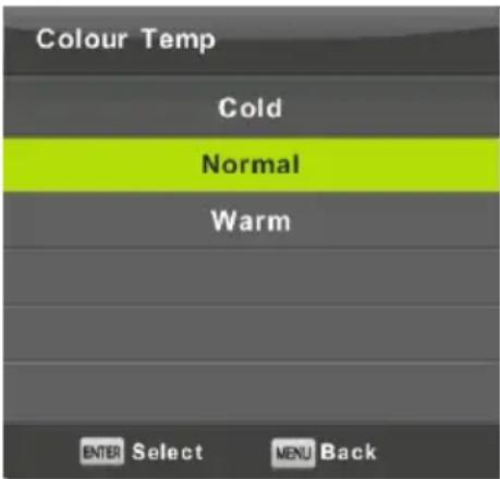 Colour Temp Cold Normal Warm ENTER Select MENU Back