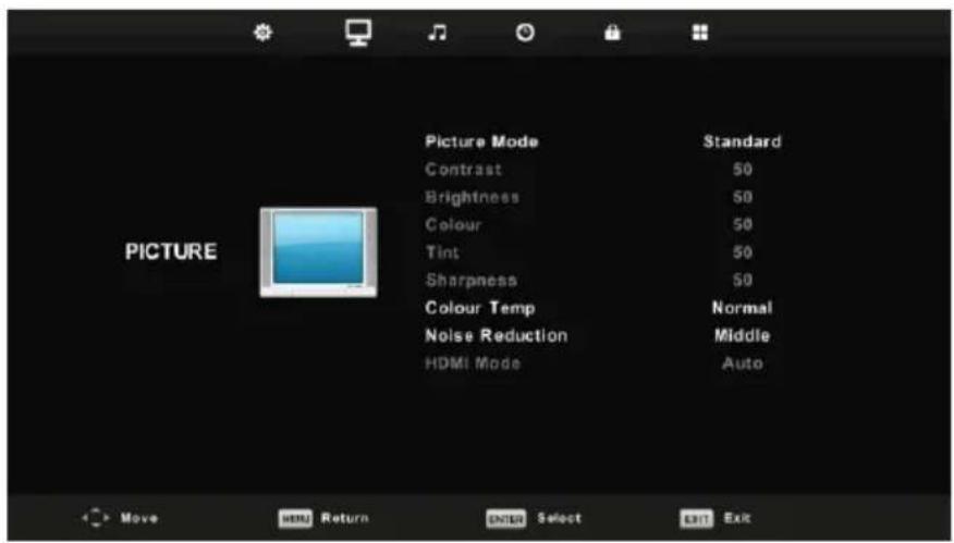 Picture Mode Contrast Brightness Colour Tint Sharpness Colour Temp Noise Reduction HDMI Mode Standard 50 50 50 50 Normal Middle Auto