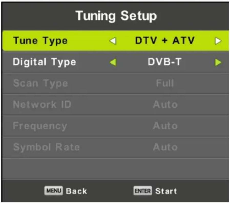 Tuning Setup Tune Type DTV + ATV Digital Type DVB-T Scan Type Full Network ID Auto Frequency Auto Symbol Rate Auto MENU Back ENTER Start