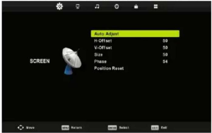 Auto Adjust H-Offset 50 V-Offset 50 Size 50 Phase 54 Position Reset SCREEN