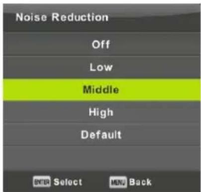 Noise Reduction Off Low Middle High Default ENTER Select MENU Back