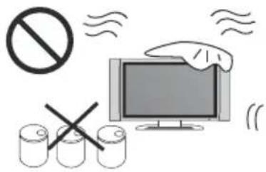 Safety warning illustration showing no prohibition symbol, a monitor with crossed-out battery, and other symbols like cylinders and water droplets.
