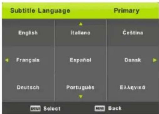 Subtitle Language Primary English Italiano Čeština Français Español Dansk Deutsch Português Ελληνικά ENTER Select MENU Back