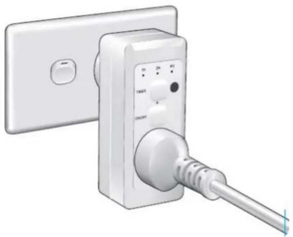 White electrical plug with a cable inserted, mounted on a wall (no visible text or symbols)