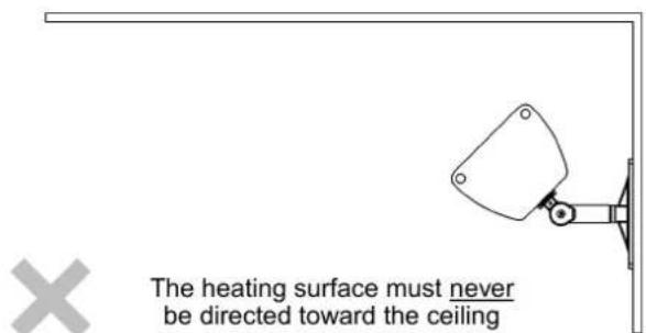 The heating surface must never be directed toward the ceiling