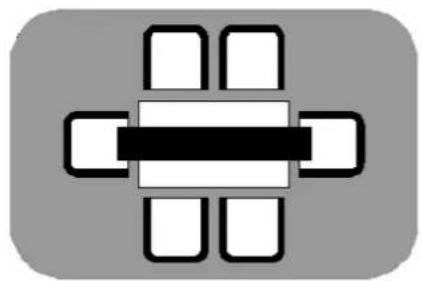 Abstract geometric pattern with four white squares arranged around a central black bar (no text or symbols)