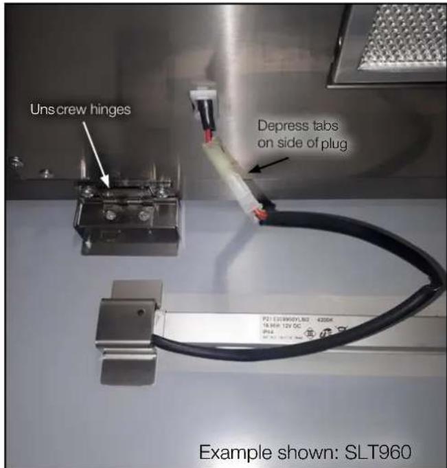 Unscrew hinges Depress tabs on side of plug P21 03399071.802 4200K 16 MB 12V DC P14 Example shown: SLT960