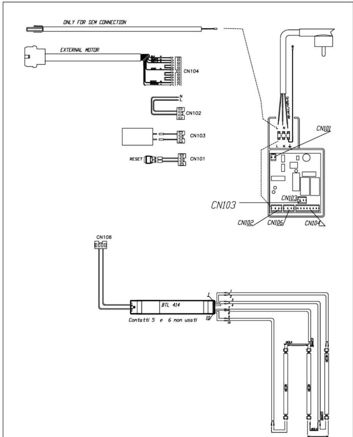 ONLY FOR SEM CONNECTION EXTERNAL MOTOR CN104 N CN102 CN103 RESET CN101 CN101 CN103 CN102 CN106 CN104 CN106 BTL 414 Contatti 5 e 6 non usati 1 2 3 4 5 6 7 8 9 10 HXL4 HXL5 HXL6 HXL7