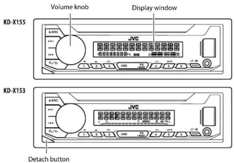 Volume knob Display window KD-X155 JVC KD-X153 JVC Detach button