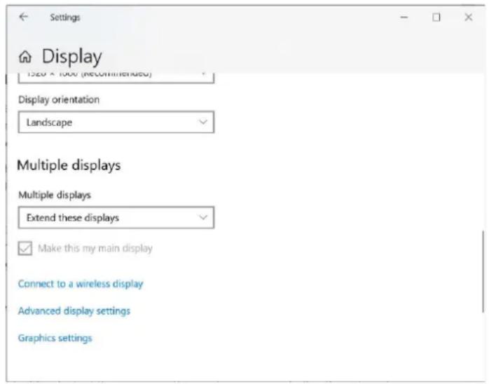 Settings Display 1200 x 1000 (Recommended) Display orientation Landscape Multiple displays Multiple displays Extend these displays Make this my main display Connect to a wireless display Advanced display settings Graphics settings