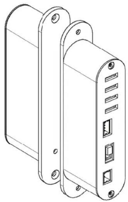Technical line drawing of a dual-chamber electronic device with mounting flanges and internal ports (no text or symbols)