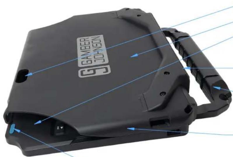 Close-up of a black GAMBER JOHNSON device with blue directional arrows indicating motion or flow (no text or symbols on the device itself)