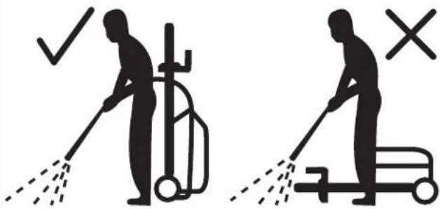 Safety compliance illustration showing two scenarios: one with checkmark and another with cross, both depicting a person cleaning a vehicle.