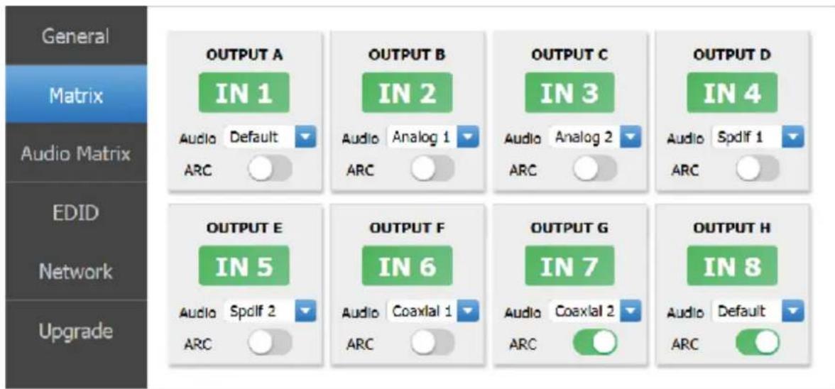 General Matrix Audio Matrix EDID Network Upgrade OUTPUT A IN 1 Audio Default ARC OUTPUT B IN 2 Audio Analog 1 ARC OUTPUT C IN 3 Audio Analog 2 ARC OUTPUT D IN 4 Audio Spdlf 1 ARC OUTPUT E IN 5 Audio Spdlf 2 ARC OUTPUT F IN 6 Audio Coaxial 1 ARC OUTPUT G IN 7 Audio Coaxial 2 ARC OUTPUT H IN 8 Audio D…