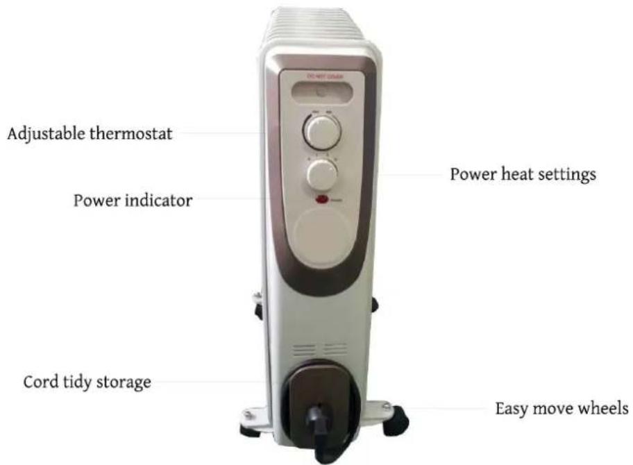 Adjustable thermostat Power indicator Power heat settings Cord tidy storage Easy move wheels