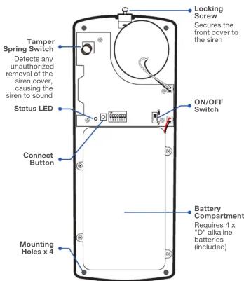 Locking Screw Secures the front cover to the siren Tamper Spring Switch Detects any unauthorized removal of the siren cover, causing the siren to sound Status LED ON/OFF Switch Connect Button Battery Compartment Requires 4 x "D" alkaline batteries (included) Mounting Holes x 4
