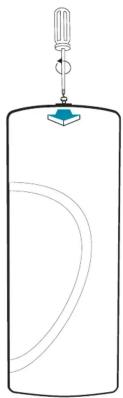Simple line drawing of a cylindrical container with a handle and a small blue object on top (no text or symbols)