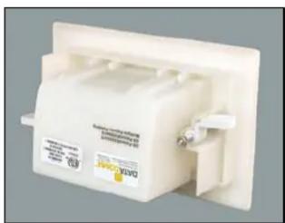 White electrical enclosure with attached circuit breakers and a label (no readable text or symbols beyond branding)
