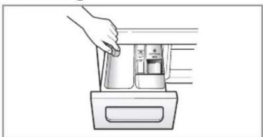Illustration of a hand placing a container into a drawer with a plastic bag (no text or symbols visible)