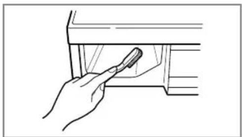 Line drawing of a hand holding a tool near a vehicle door.